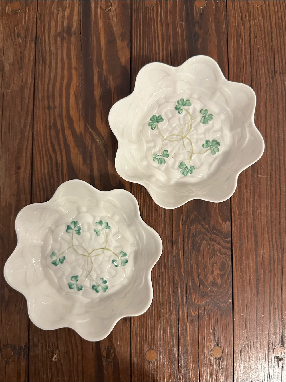 Two Belleek White Porcelain with Shamrock detail, salt/trinket bowls